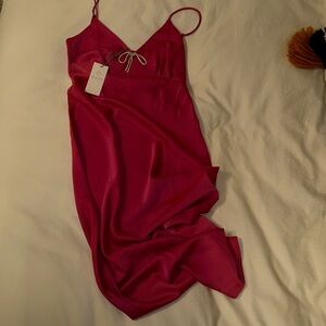 NWT NEVER WORN WAYF Pink Satin Maxi Slip Dress With Silver Rhinestone Bow